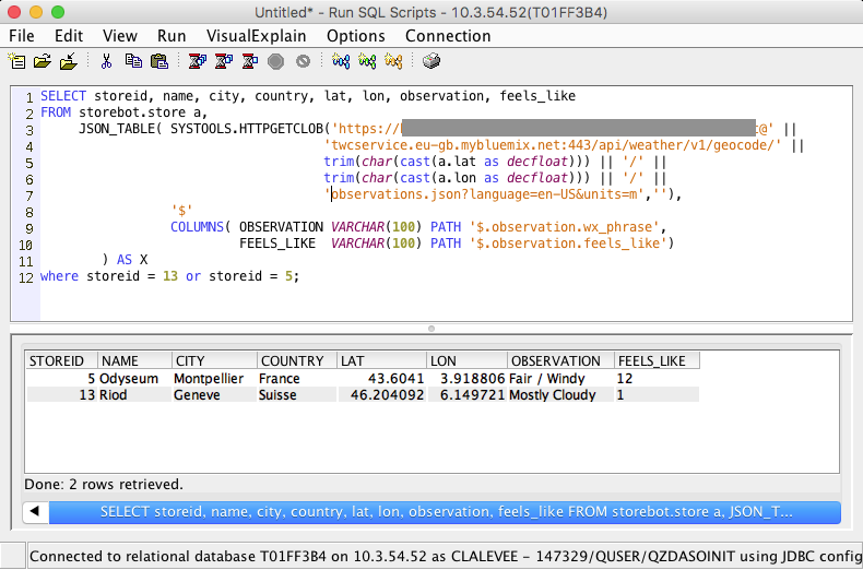 Join IBM Db2 for i table with IBM Bluemix Weather web service record set