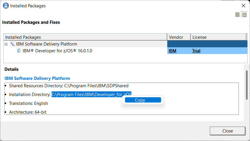 IBM Installation Manager Installed Packages window