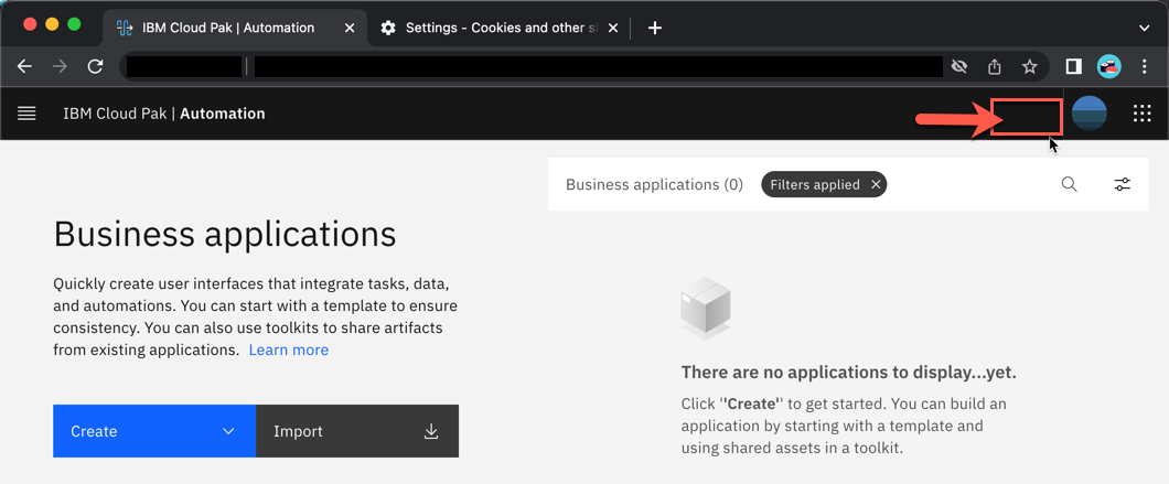 This is an example of the Business Applications page, which is missing the help menu icon.