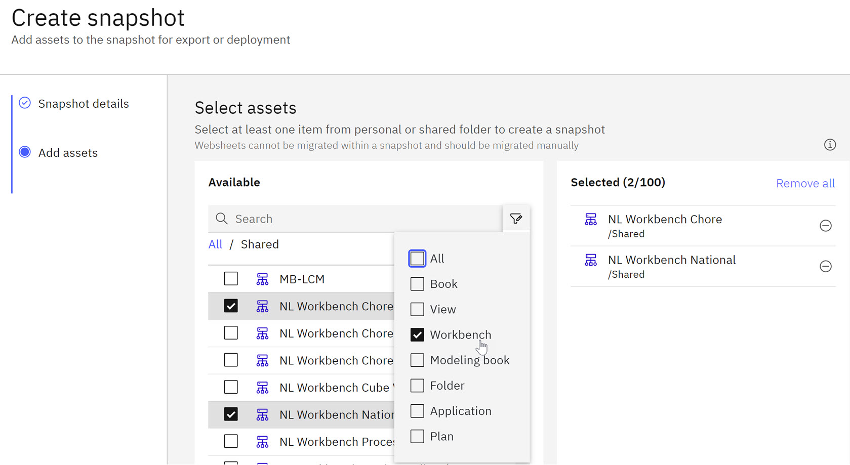 Workbenches shown as available assets in a snapshot