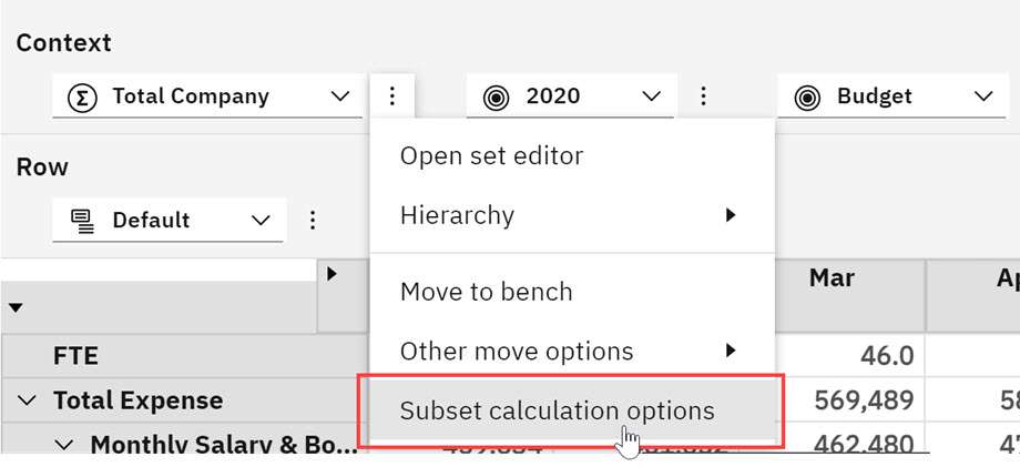 Subset calculation option on a context dimension