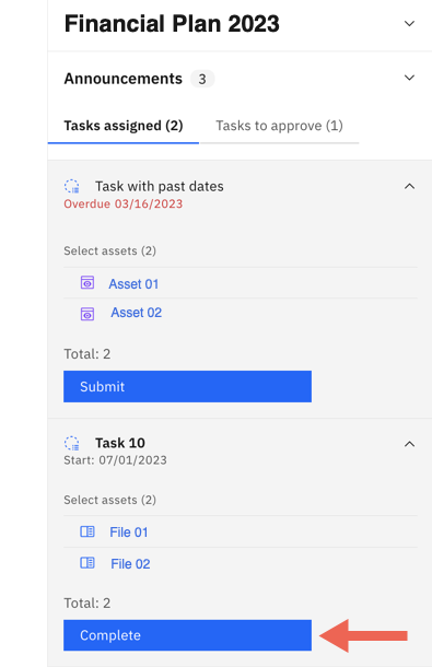 Task complete button on the plan contribution page for the task