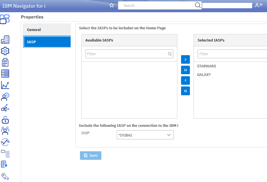select IASP and move to display column