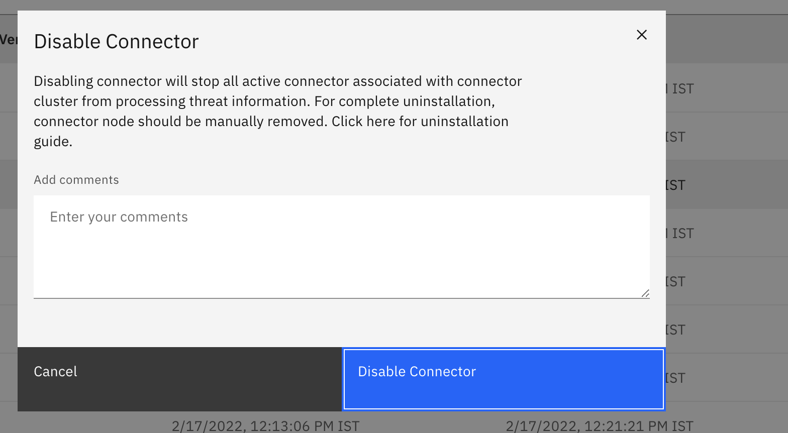 Disable connector action