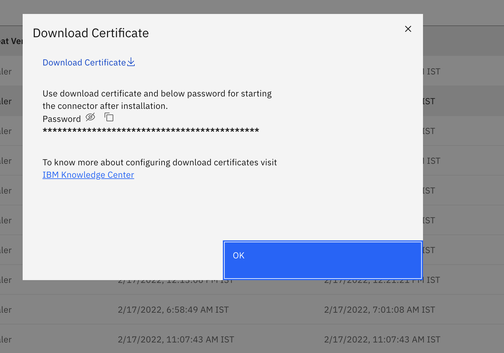 Download certificate action