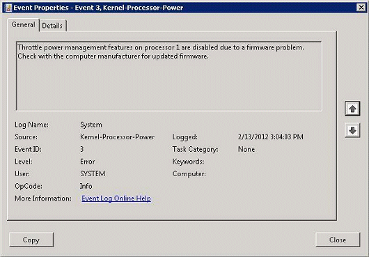 Microsoft Windows displays Throttle Power Management Disabled on CPU 1 due  to firmware - IBM System x3850 X5 (7143)