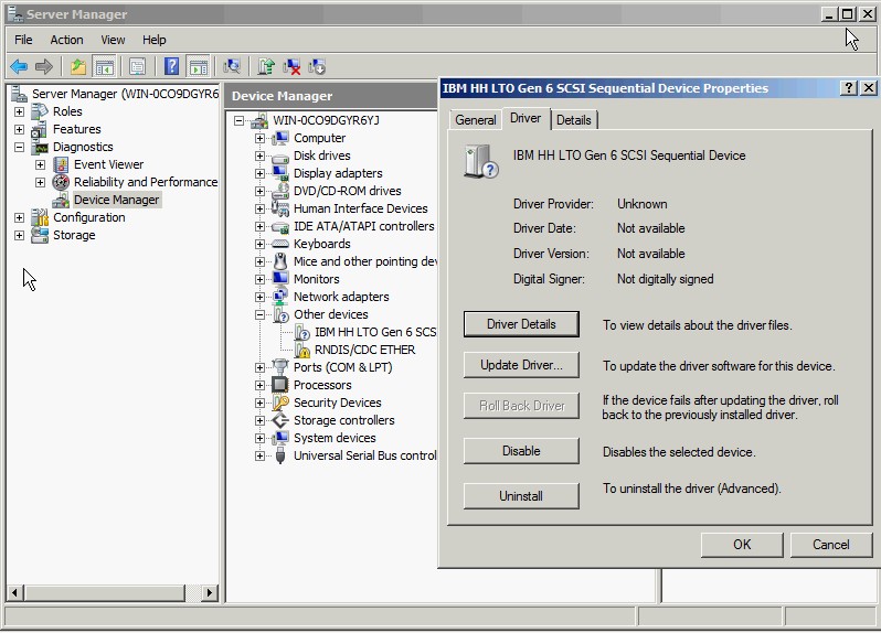 Microsoft Windows 2008 driver of LTO 6 tape drive shows 'Not Available' -  IBM Systems