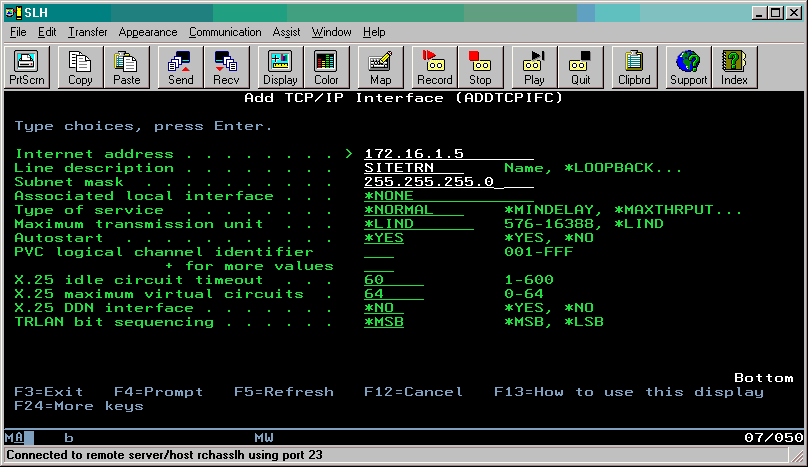 This is showing the internet address, line description, and subnet mask, filled in, on the ADDTCPIFC command.