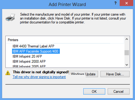 Installing the Ricoh AFP Printer Driver on a Windows 8.1 PC for use with  FAX/400