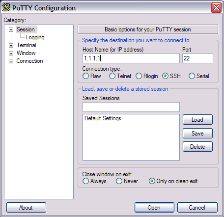 putty settings for ssh session