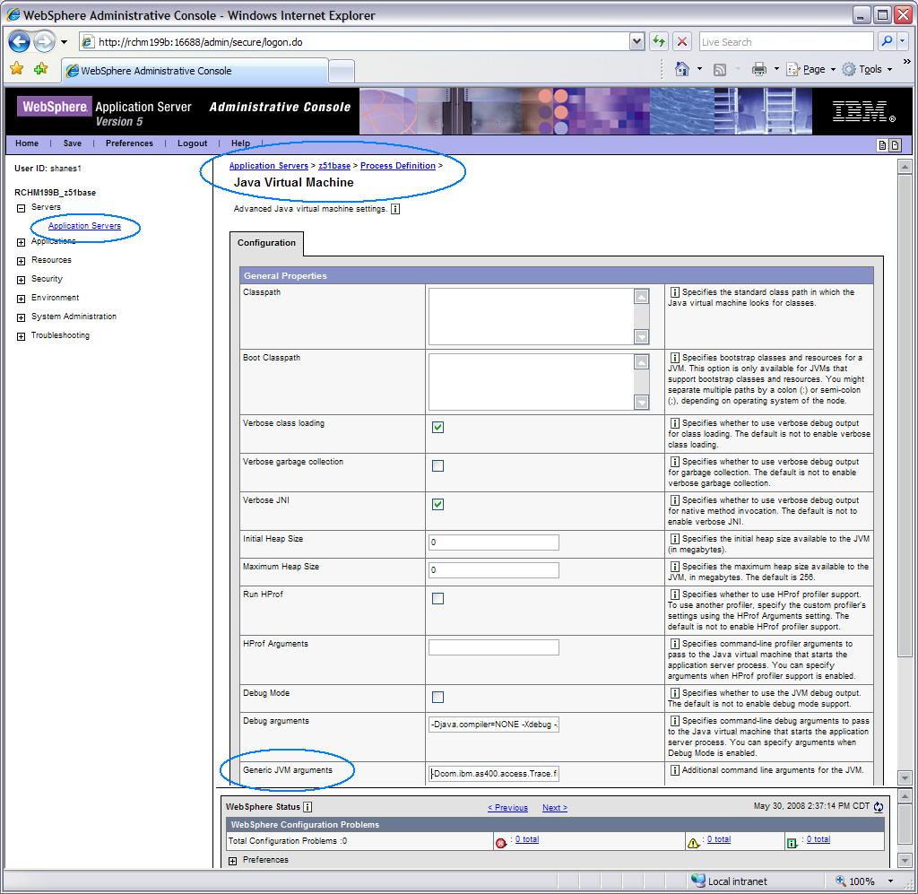 This screen capture shows a WebSphere 5.x console with the generic JVM arguments specified.