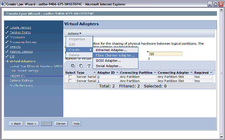 Picture of the Create LPAR wizard Virtual Adapters window.