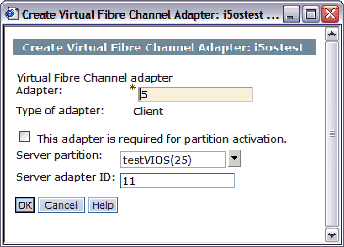 Picture of the Create Virtual Fibre Channel Adapter screen for the client adapter.