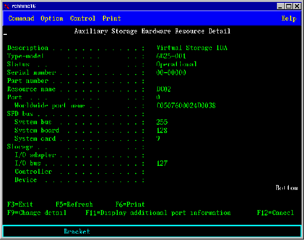 Picture of the Auxiliary Storage Hardware Resources Details Screen on System i.