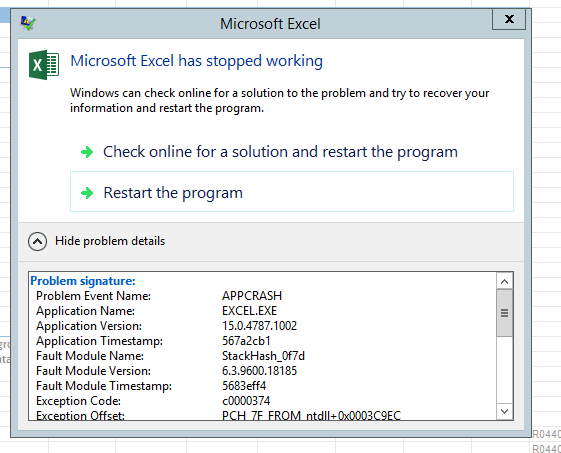 Intermittent "Microsoft Excel has stopped working" triggered by DEP