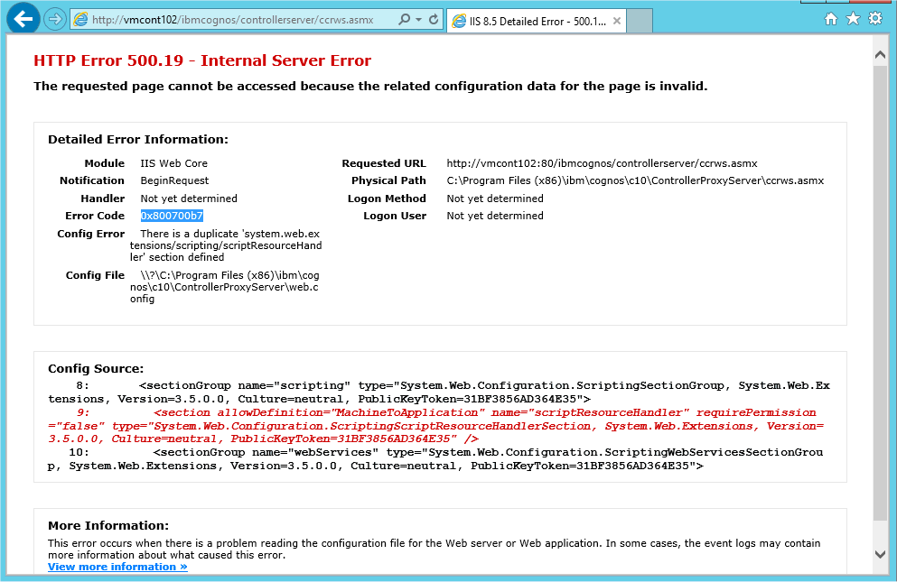An error occurred...500.19 - Internal Server Error ... 0x800700b7 ... There  is a duplicate 'system.web.extensions/scripting/scriptResourceHandler'  section defined" when launching Controller (10.2.1 or earlier) caused by  using .NET 4.0