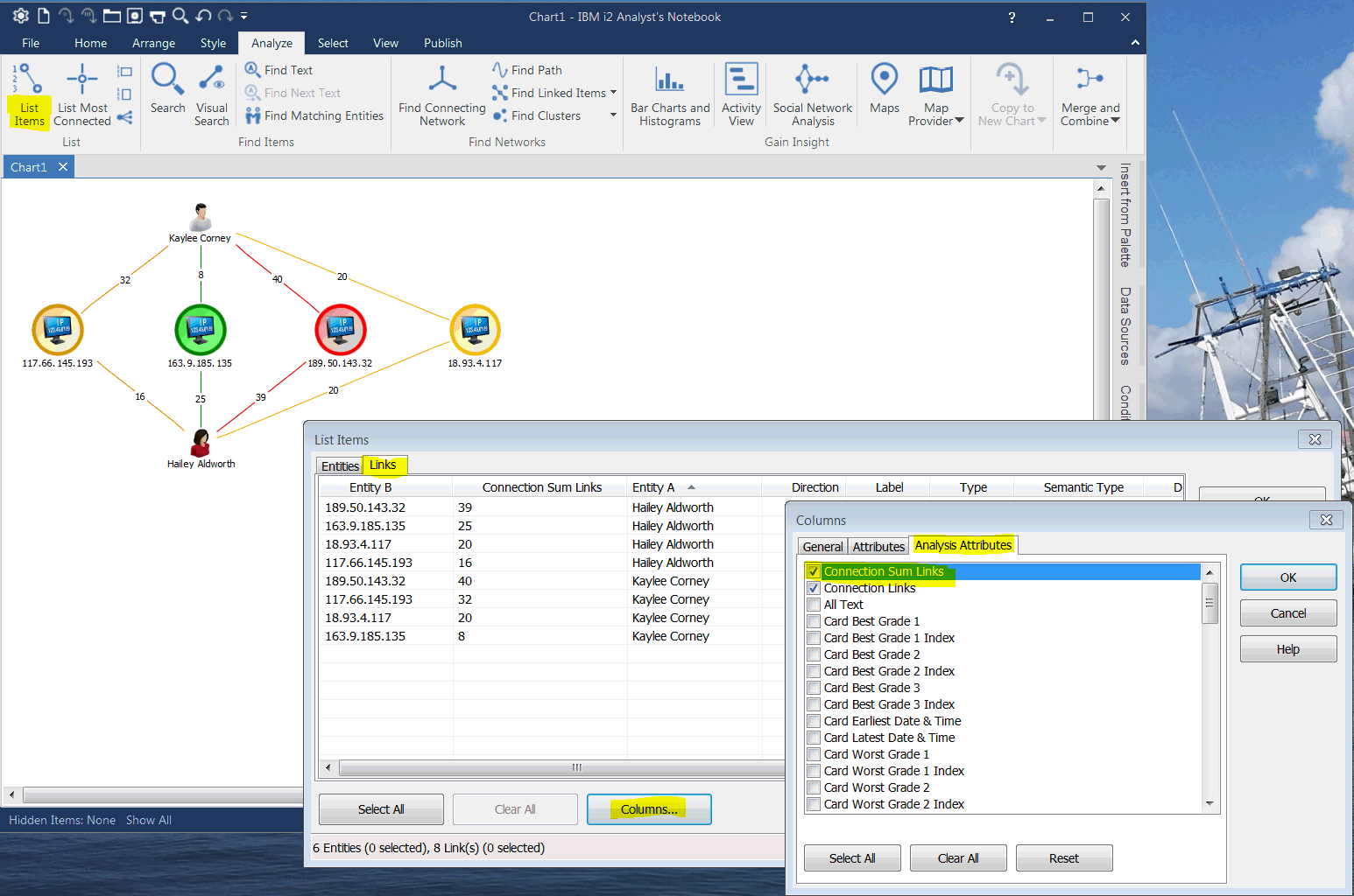 Analyzing the total number of links between entities in IBM i2 Analyst's  Notebook