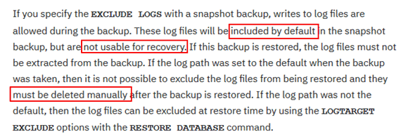 Performing a FlashCopy Manager DB2 snapshot with exclude logs