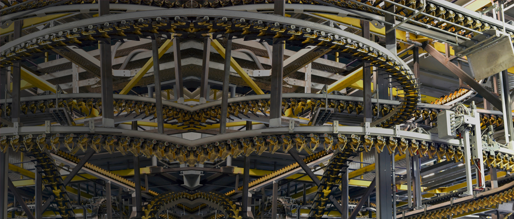 A complex maze of conveyor belts and machinery.