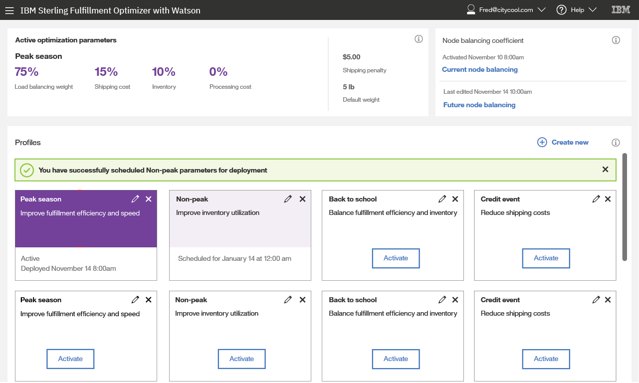 Screenshot of the IBM Sterling Fulfillment Optimizer with Watson dashboard showing active optimization parameters