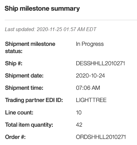 Example of ship milestone summary from IBM Business Transaction Intelligence